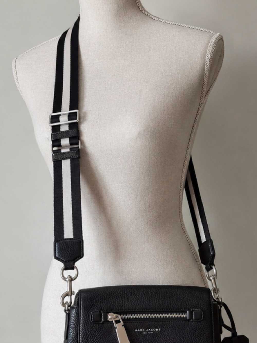 Marc Jacobs Black Leather Crossbody with Black-and-White Striped Strap